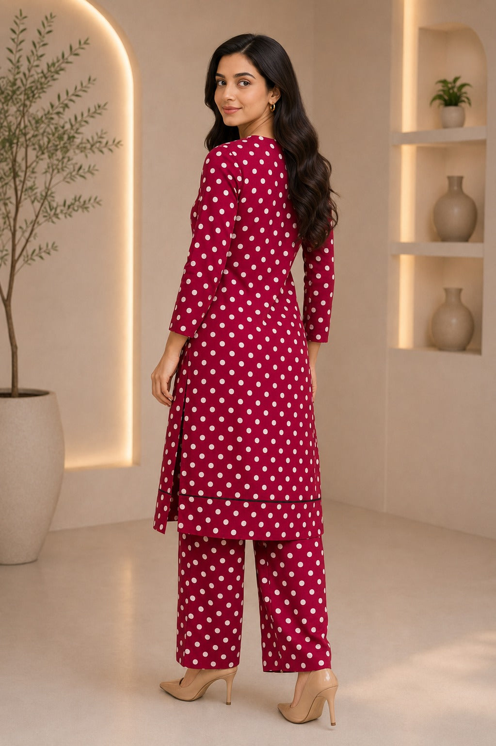 Embroidered Cotton Lawn Grey Polka Dot 2-Piece Suit