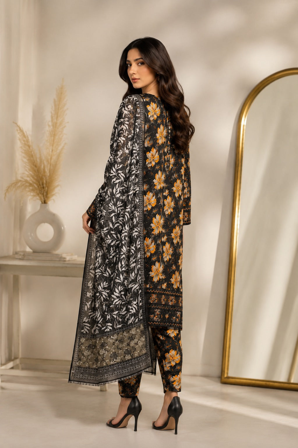 Embroidered Lawn-Cotton Floral Print 3-Piece Suit