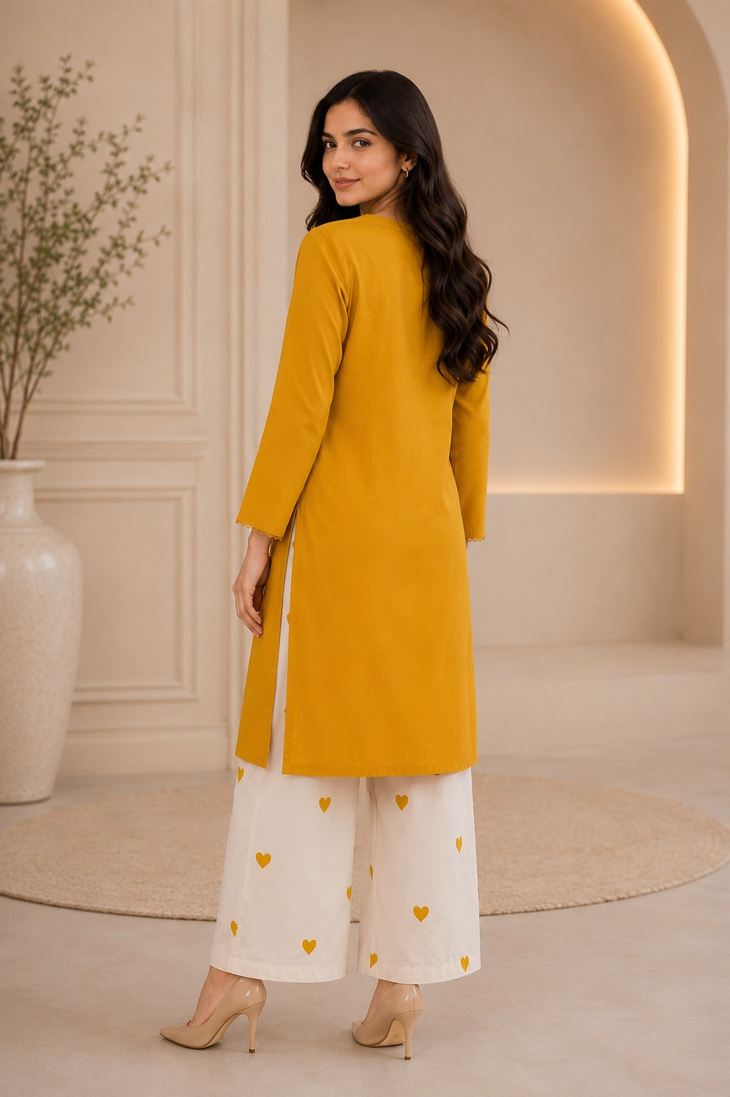 Embroidered Cotton Lawn Mustard Solid Shirt with Printed Trouser