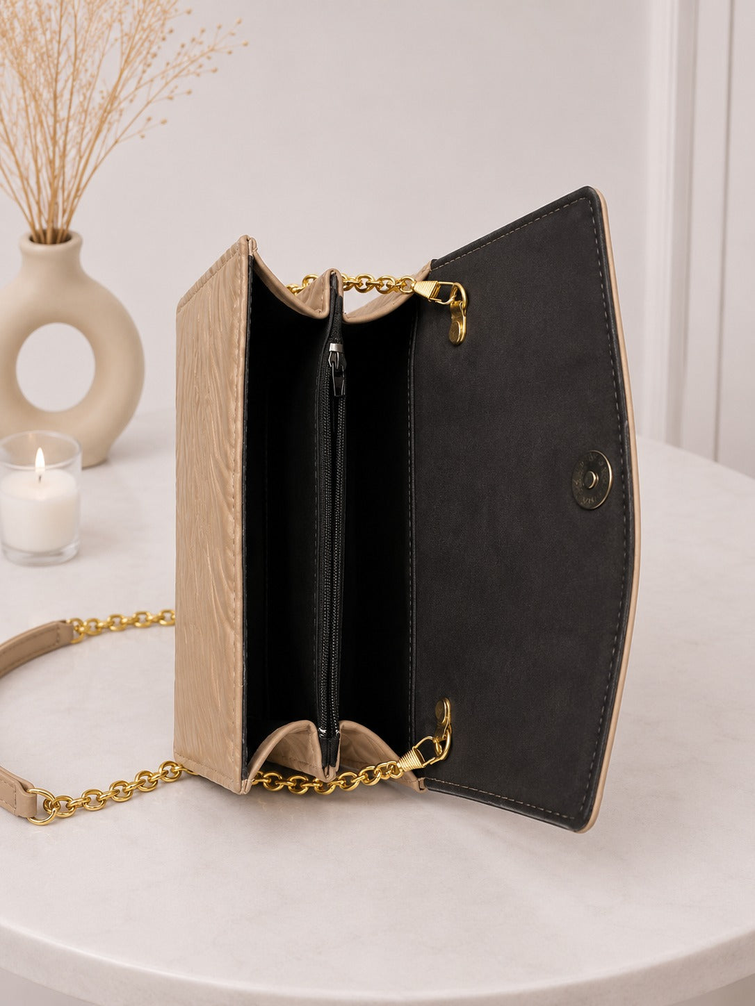 Elegant Structured Satchel with 'Fashion Forever' Strap - Beige