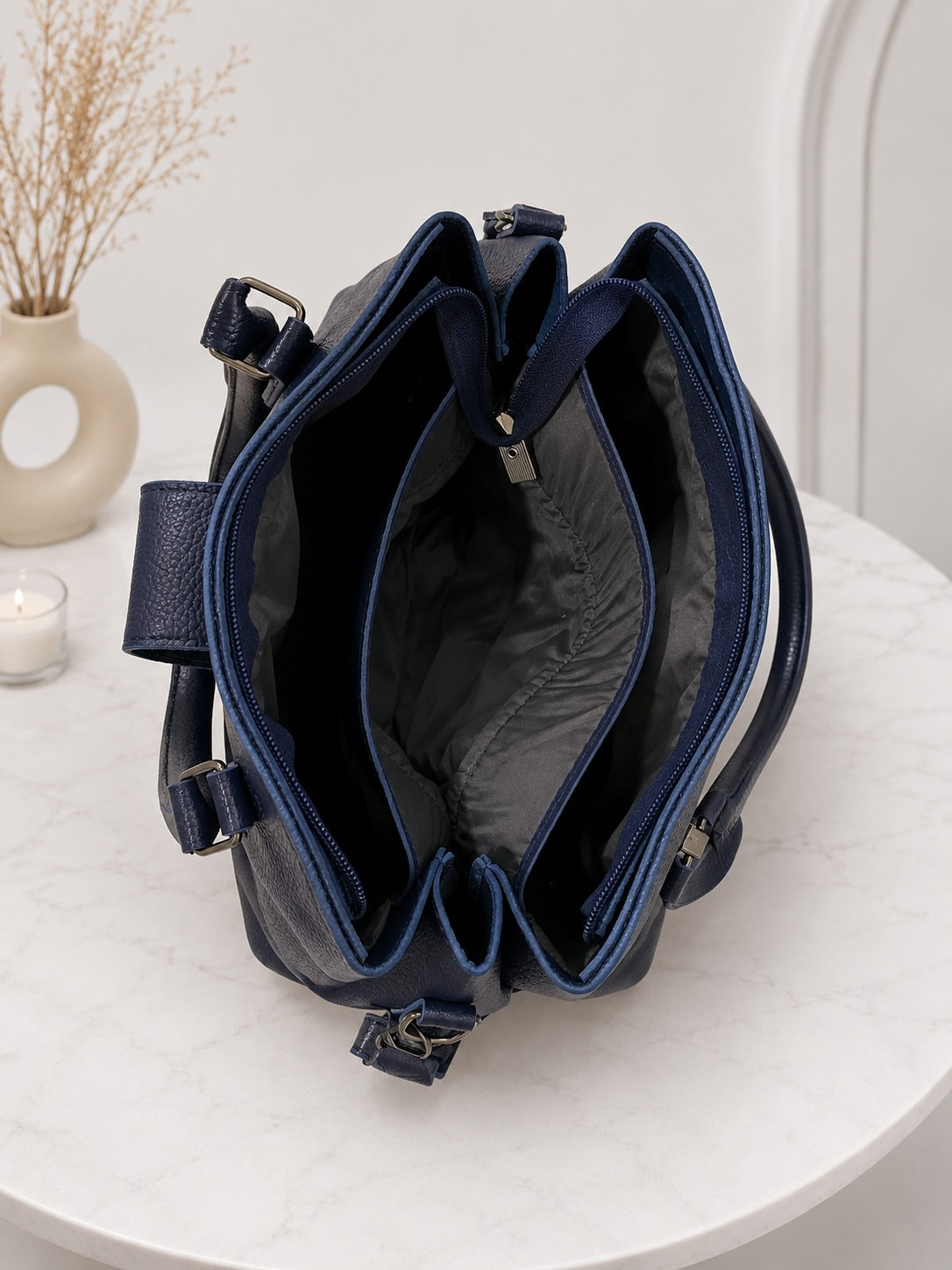 Elegant Structured Satchel with Metallic Clasp - Navy Blue