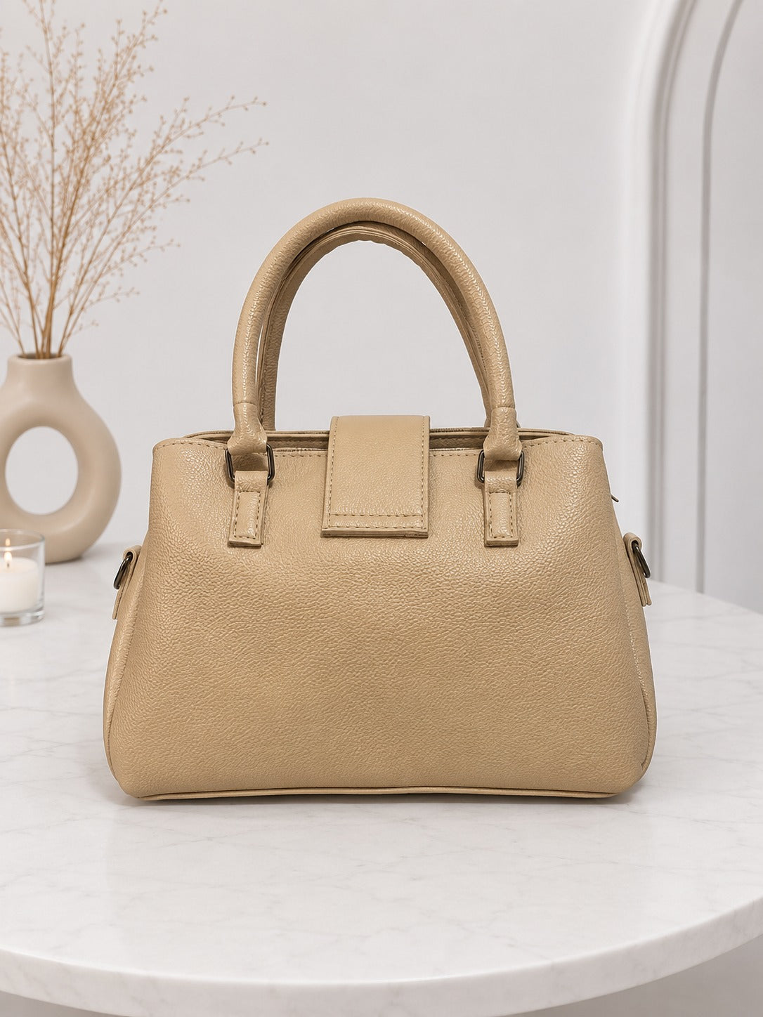 Elegant Structured Satchel with Metallic Clasp - Beige