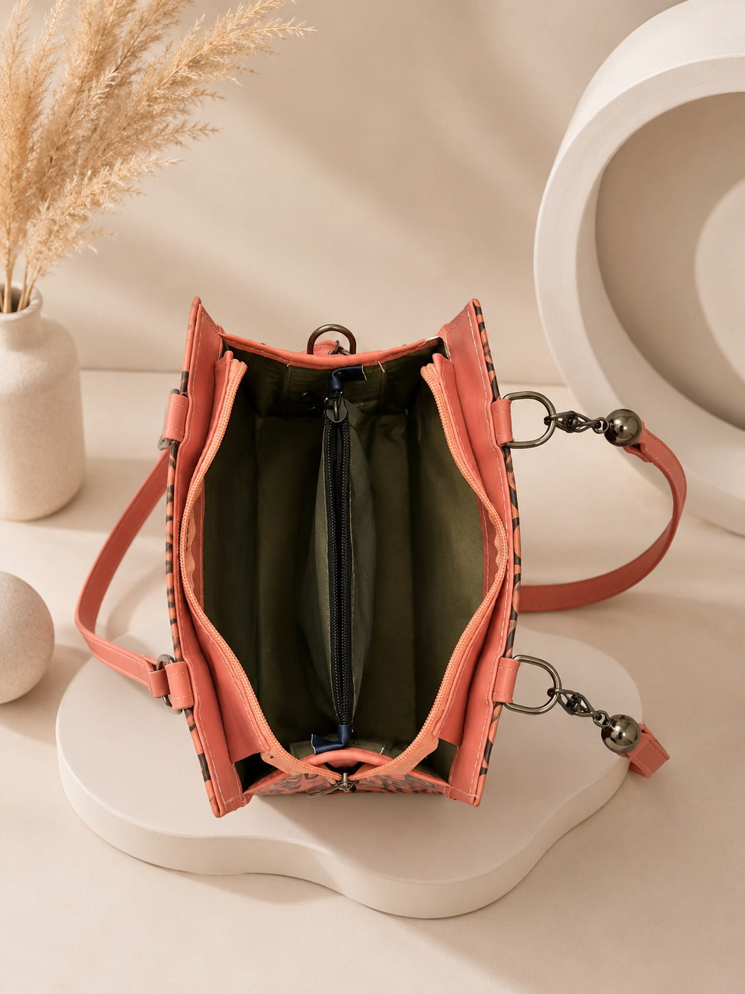 Elegant Structured Box Bag with Signature Pattern & Ruffled Handle - Coral Pink