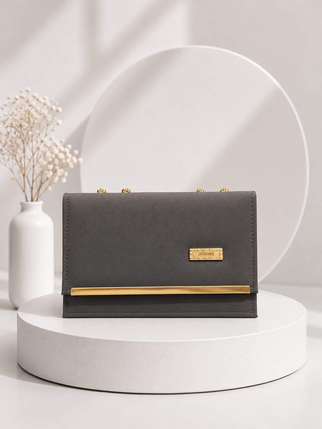 Elegant Matte Charcoal Clutch with Gold-Tone Chain"