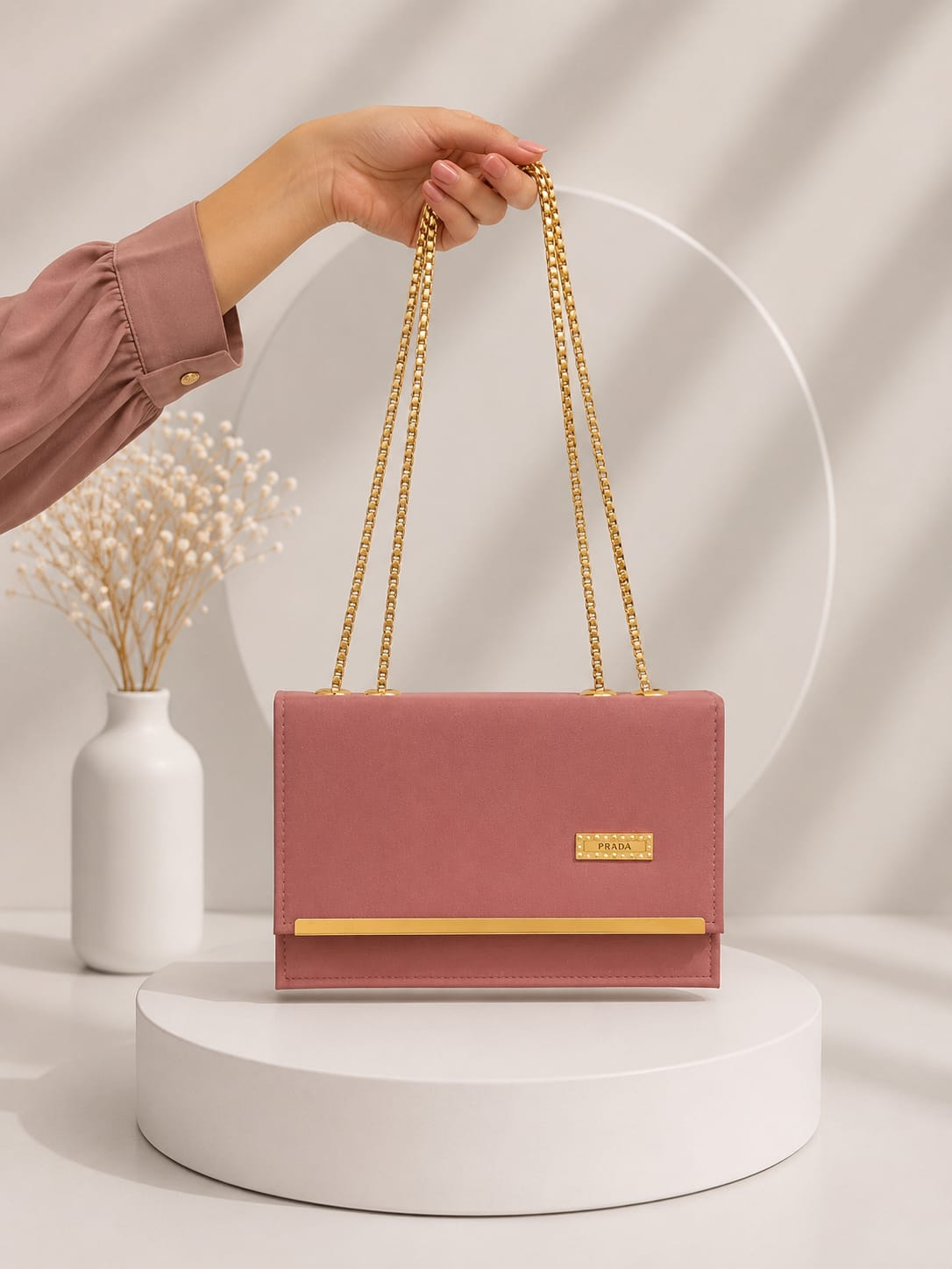 Elegant Suede-Finish Clutch with Gold-Tone Chain - Mauve Pink