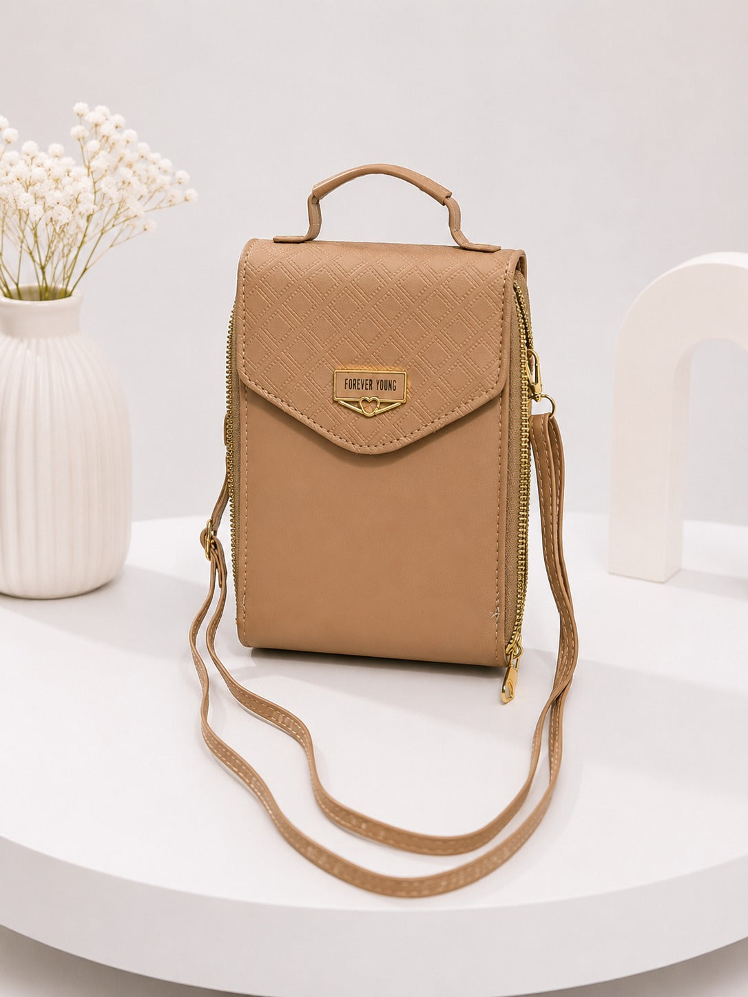 Elegant 'Forever Young' Multifunctional Crossbody Wallet - Tan Brown