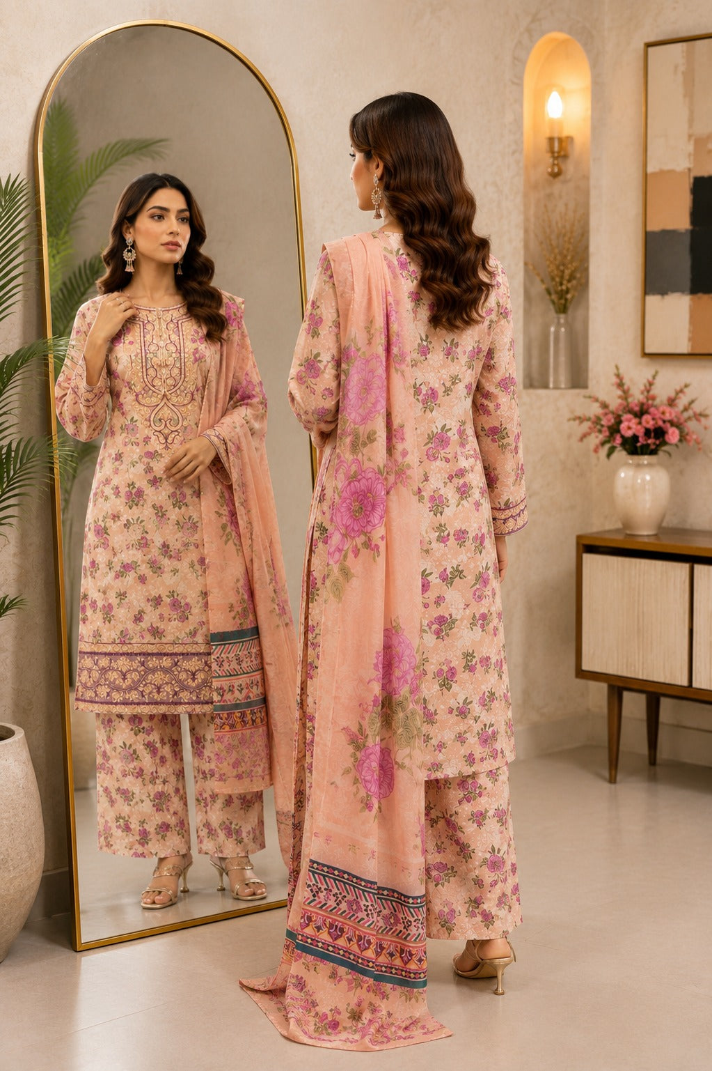 Embroidered Lawn-Cotton Floral Print 3-Piece Suit
