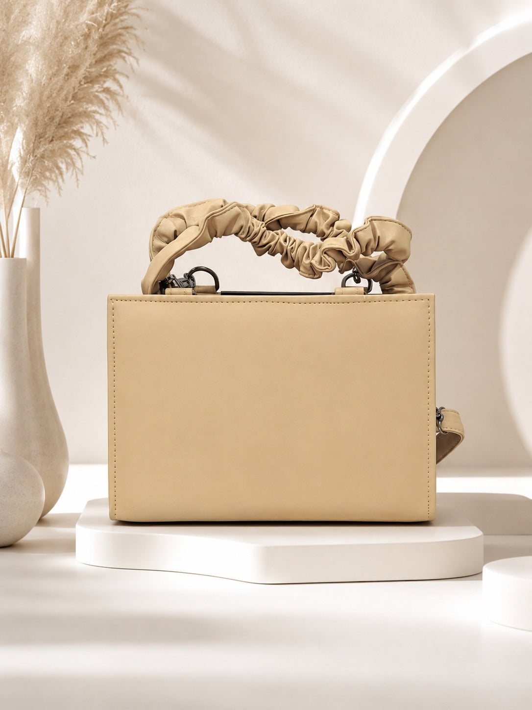 Elegant Structured Box Bag with Ruffled Handle & Beaded Details - Beige