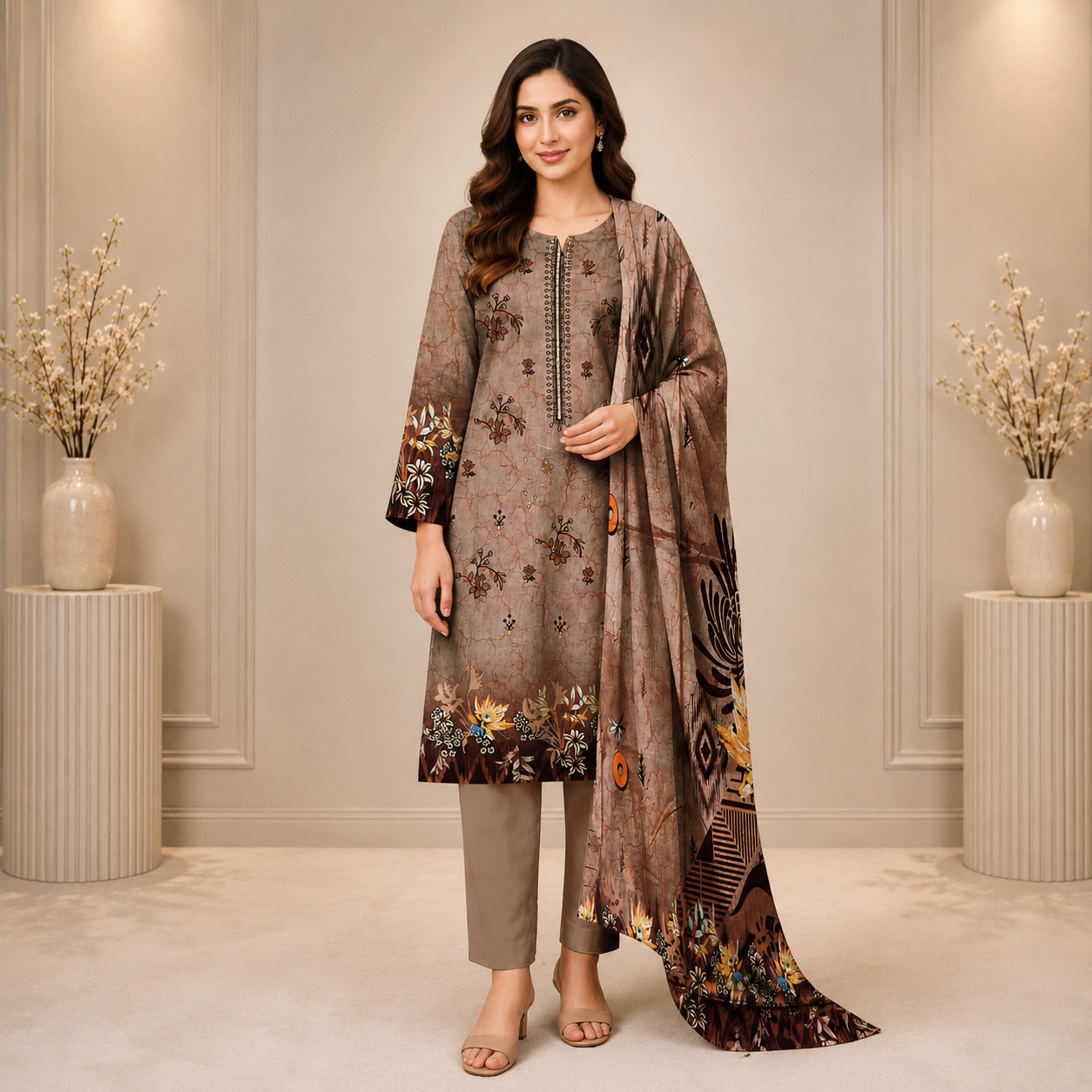 Taupe Brown Printed Unstitched 3-Piece Suit
