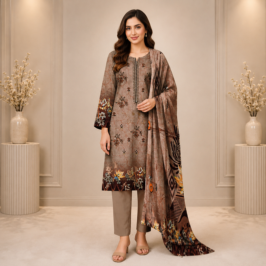 Taupe Brown Printed Unstitched 3-Piece Suit