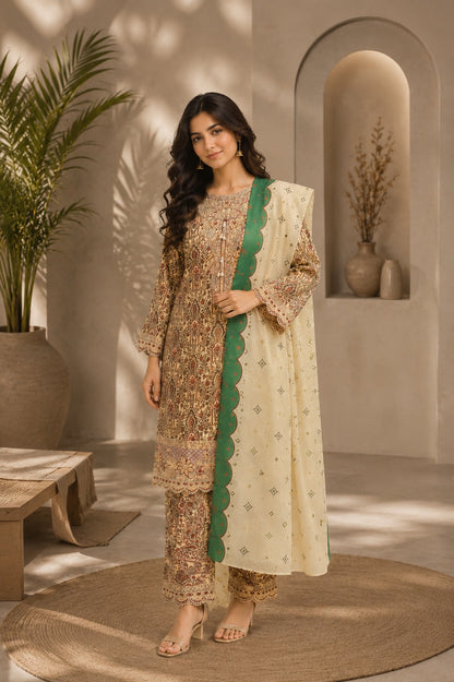 Embroidered Lawn-Cotton Floral Print 3-Piece Suit