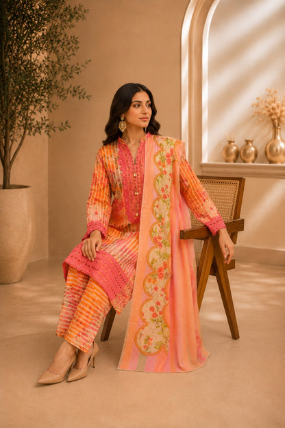 Embroidered Lawn-Cotton Floral Print 3-Piece Suit