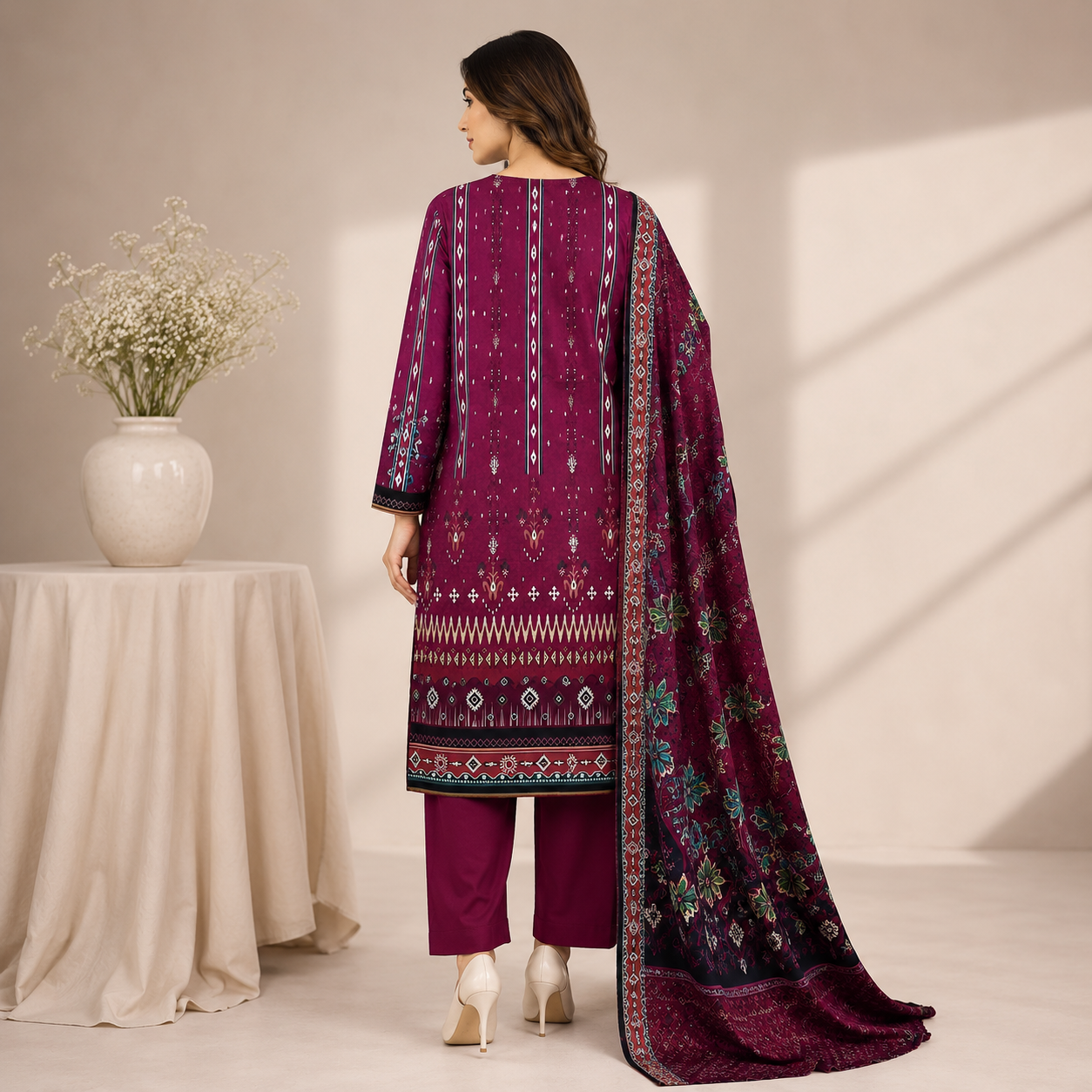 Plum Purple Printed Unstitched 3-Piece Suit