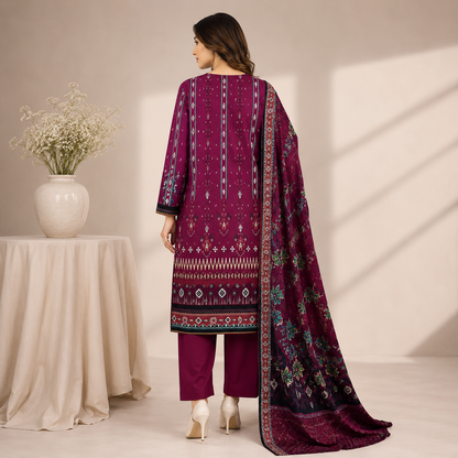 Plum Purple Printed Unstitched 3-Piece Suit