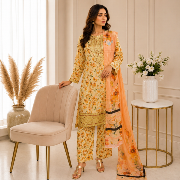 Embroidered Lawn-Cotton Floral Print 3-Piece Suit