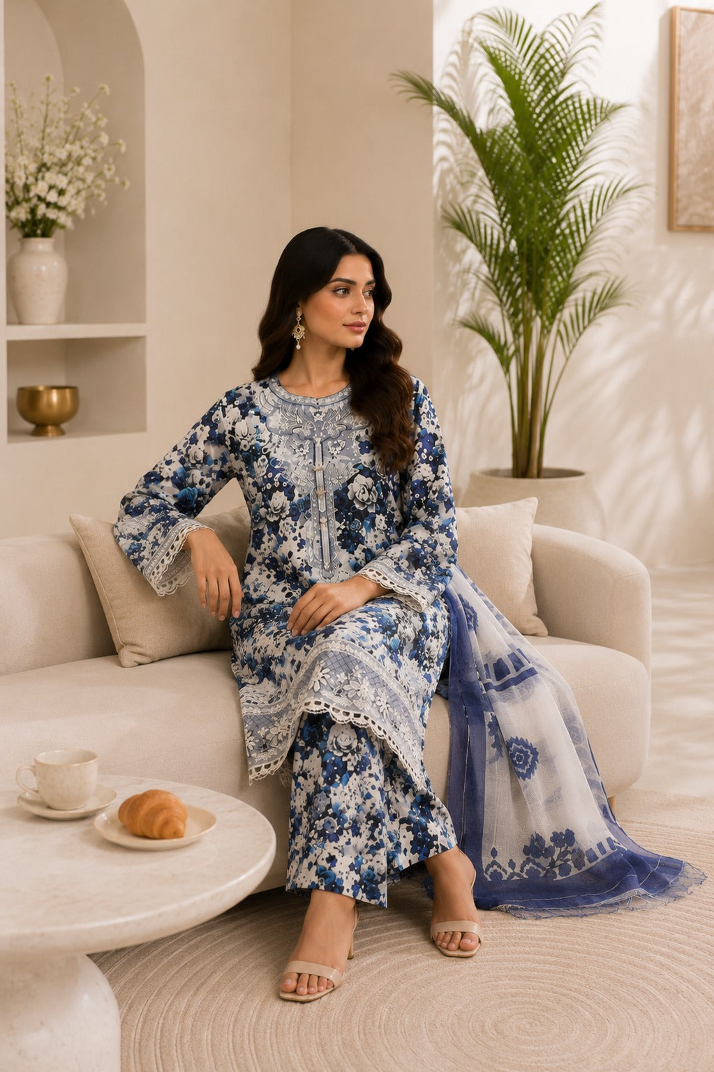 Embroidered Lawn-Cotton Floral Print 3-Piece Suit