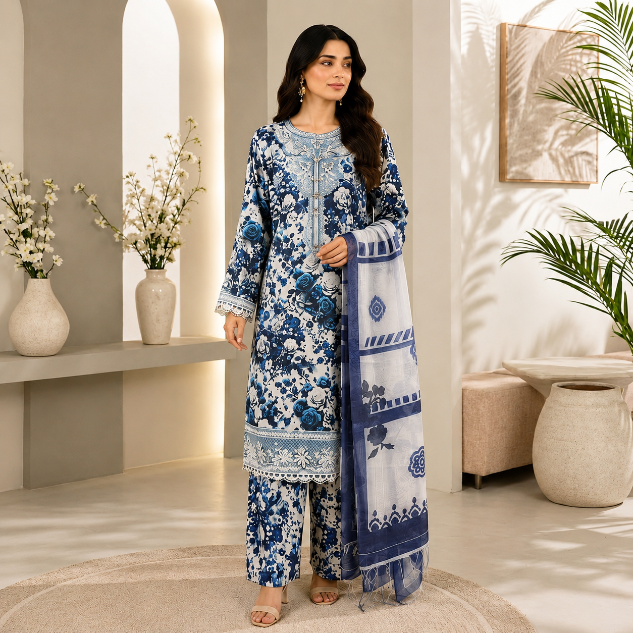 Embroidered Lawn-Cotton Floral Print 3-Piece Suit