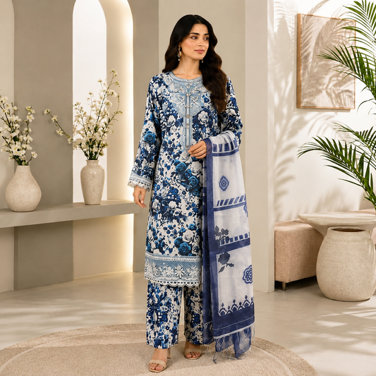 Embroidered Lawn-Cotton Floral Print 3-Piece Suit