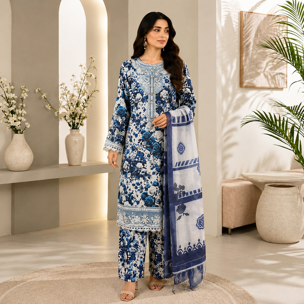 Embroidered Lawn-Cotton Floral Print 3-Piece Suit