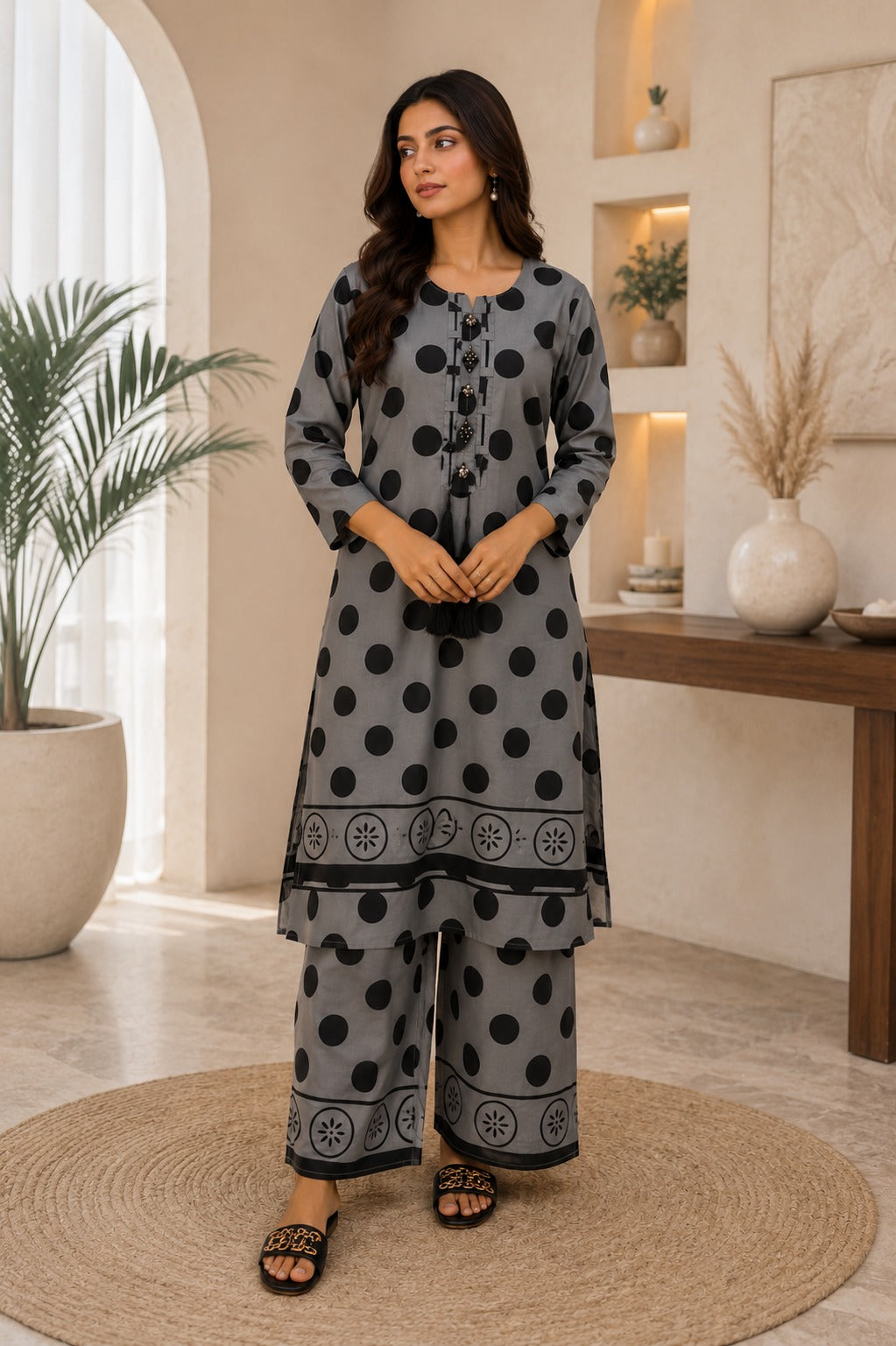 Embroidered Cotton Lawn Grey Polka Dot 2-Piece Suit
