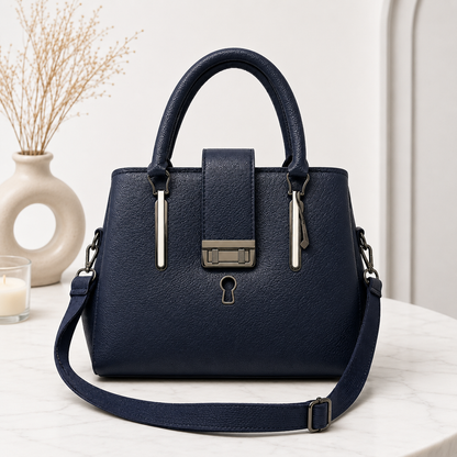 Elegant Structured Satchel with Metallic Clasp - Navy Blue