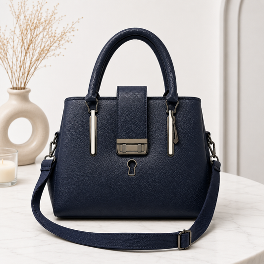 Elegant Structured Satchel with Metallic Clasp - Navy Blue