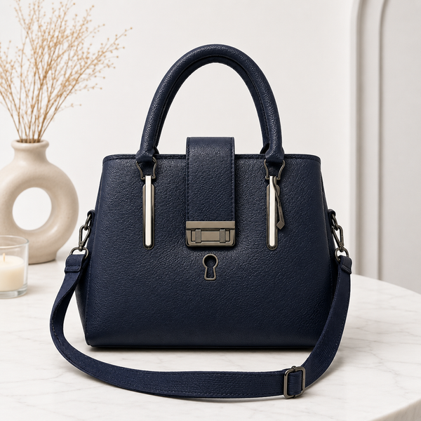 Elegant Structured Satchel with Metallic Clasp - Navy Blue
