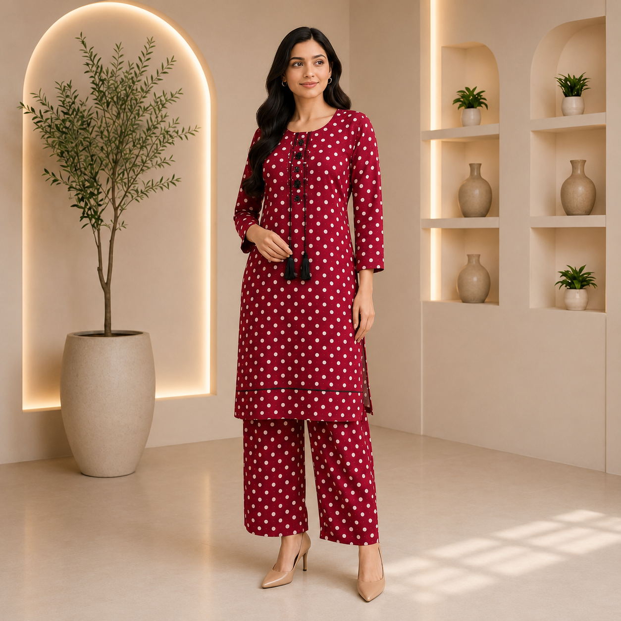 Embroidered Cotton Lawn Grey Polka Dot 2-Piece Suit