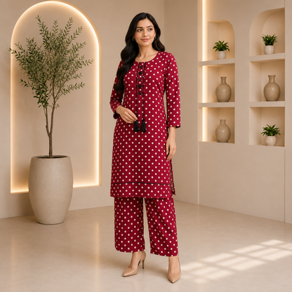 Embroidered Cotton Lawn Grey Polka Dot 2-Piece Suit