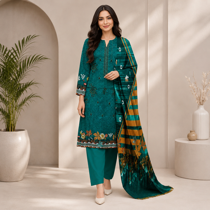 Dark Teal Printed Unstitched 3-Piece Suit