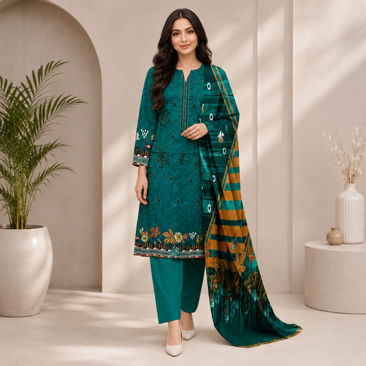 Dark Teal Printed Unstitched 3-Piece Suit