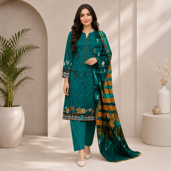 Dark Teal Printed Unstitched 3-Piece Suit