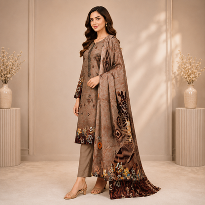 Taupe Brown Printed Unstitched 3-Piece Suit