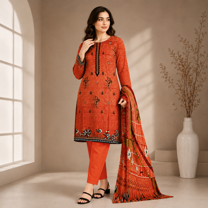 Rust Orange Printed Unstitched 3-Piece Suit