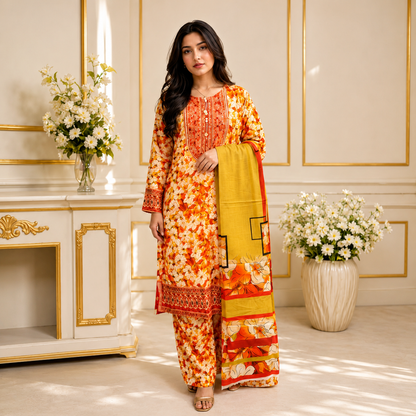 Embroidered Lawn-Cotton Floral Print 3-Piece Suit
