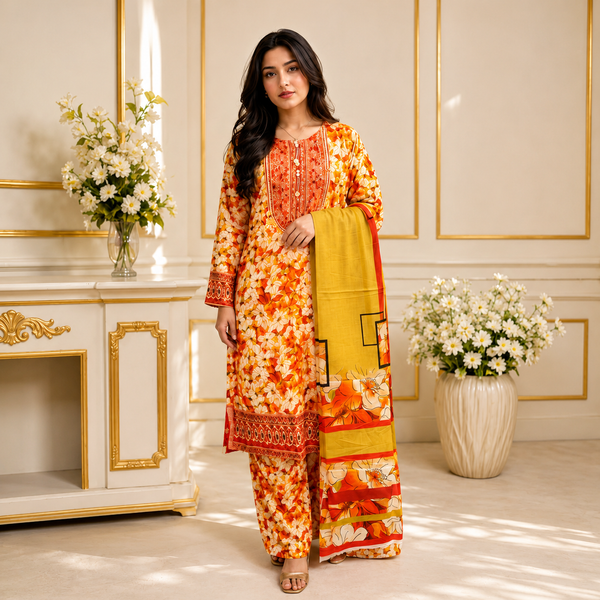 Embroidered Lawn-Cotton Floral Print 3-Piece Suit
