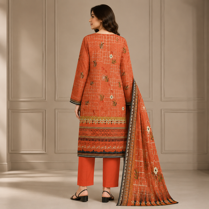 Rust Orange Printed Unstitched 3-Piece Suit