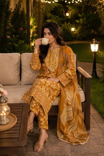 Embroidered Lawn-Cotton Floral Print 3-Piece Suit