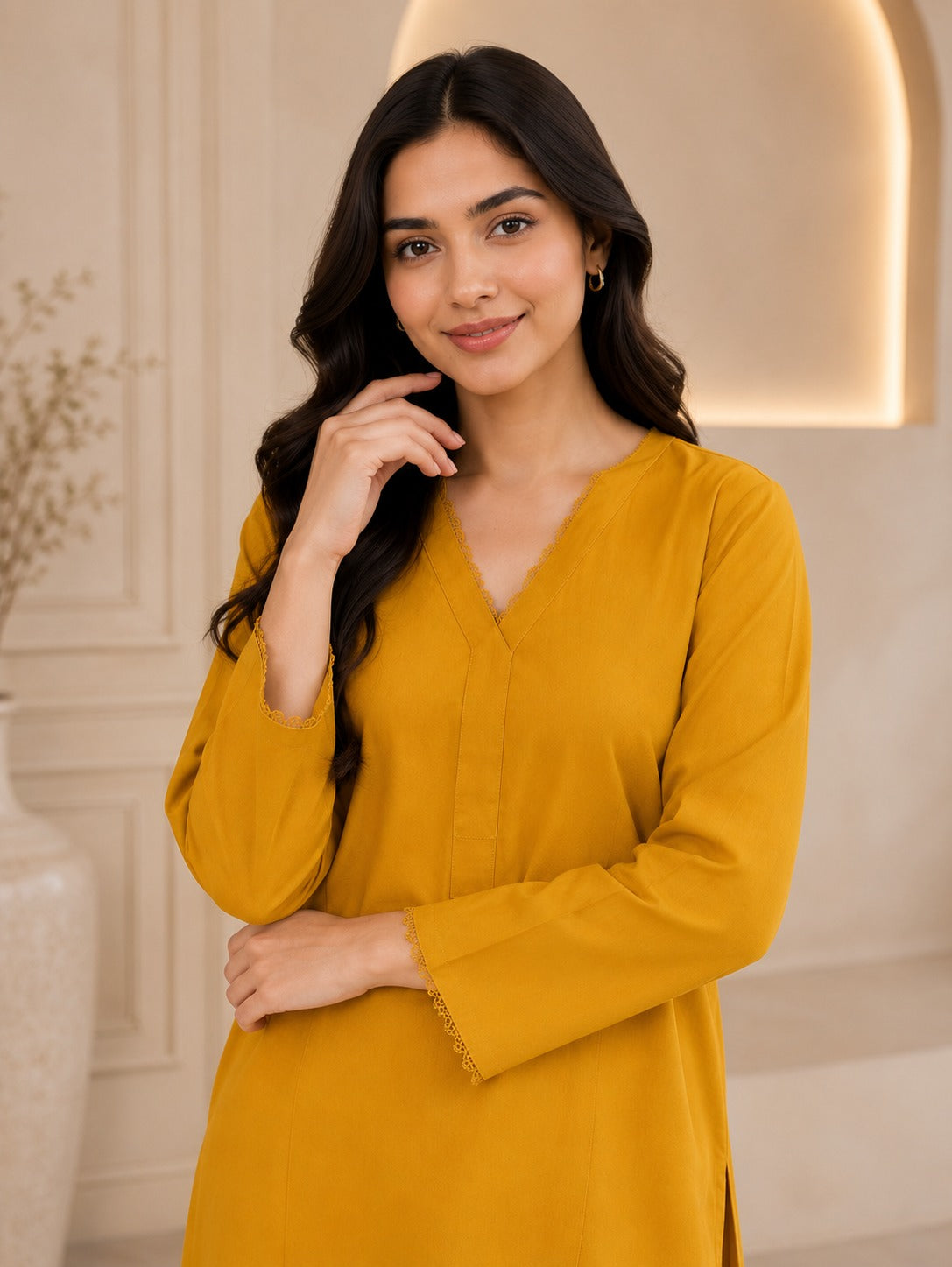 Embroidered Cotton Lawn Mustard Solid Shirt with Printed Trouser