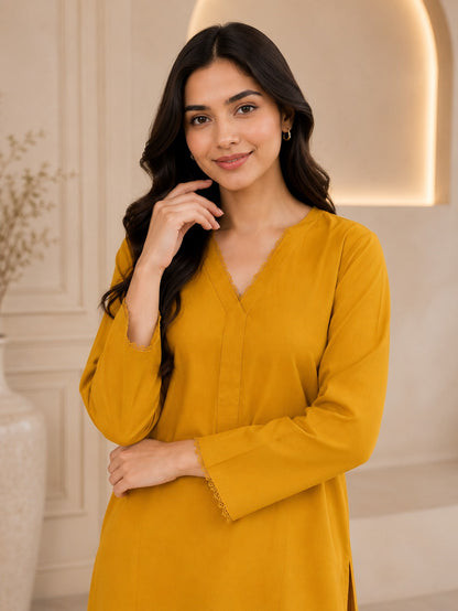 Embroidered Cotton Lawn Mustard Solid Shirt with Printed Trouser