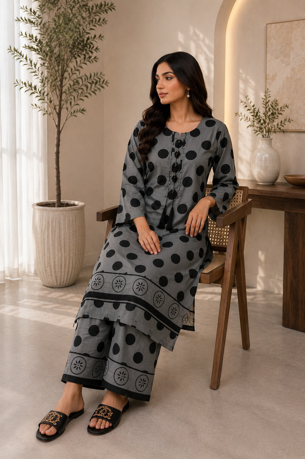 Embroidered Cotton Lawn Grey Polka Dot 2-Piece Suit