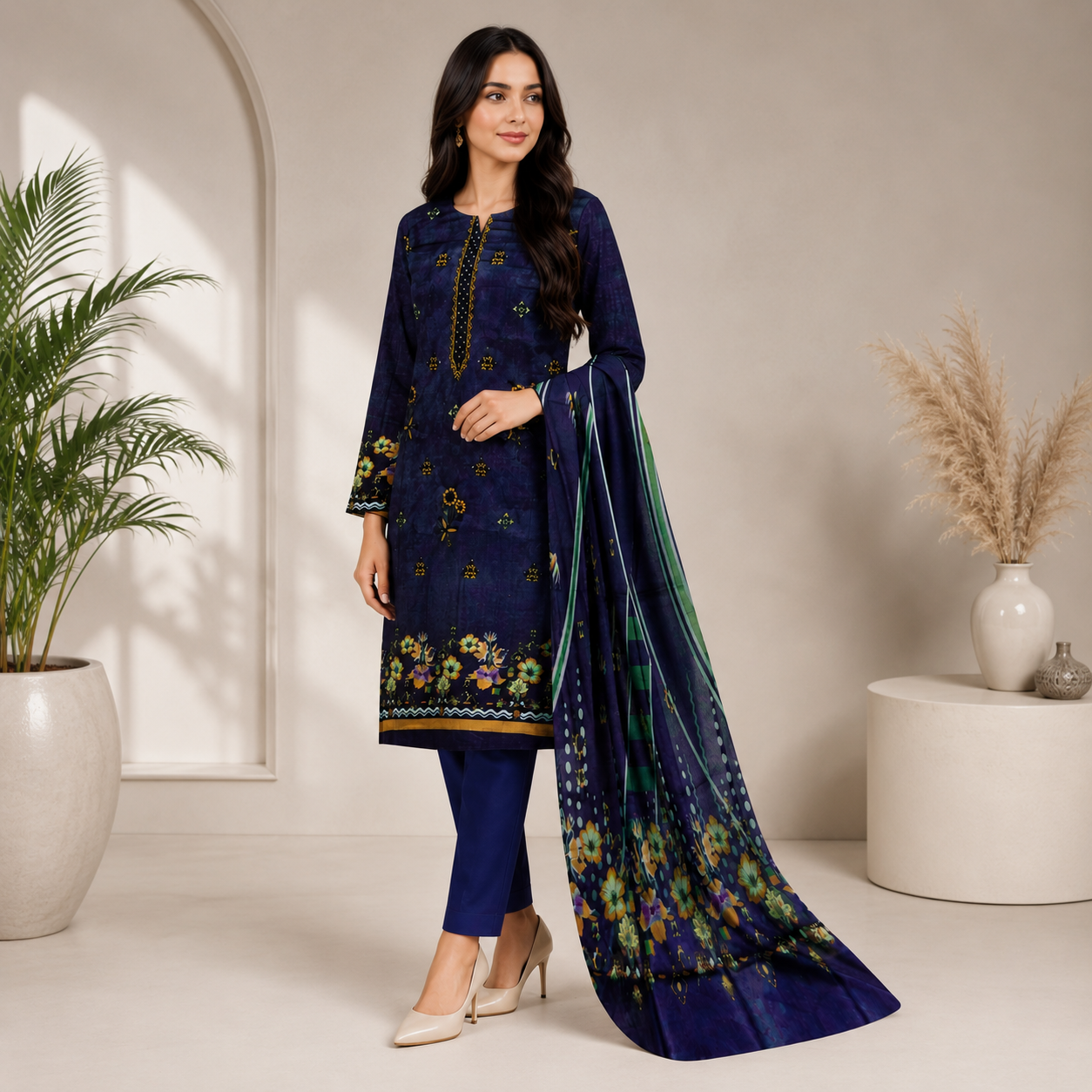 Navy Blue Printed Unstitched 3-Piece Suit