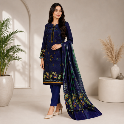 Navy Blue Printed Unstitched 3-Piece Suit