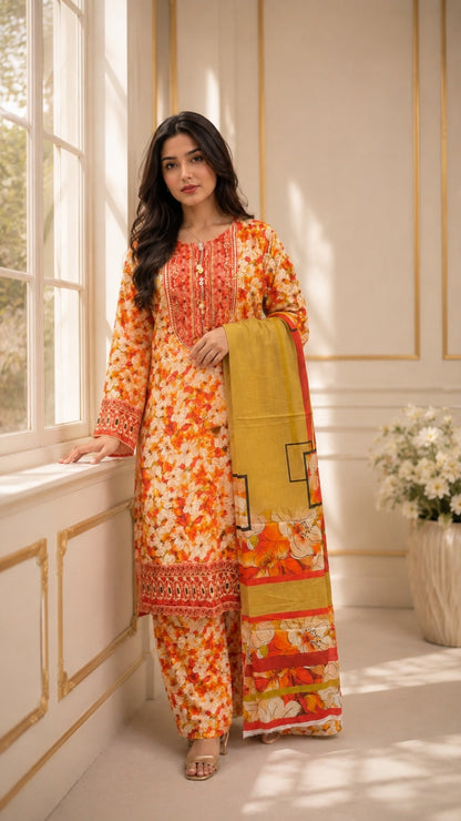 Embroidered Lawn-Cotton Floral Print 3-Piece Suit