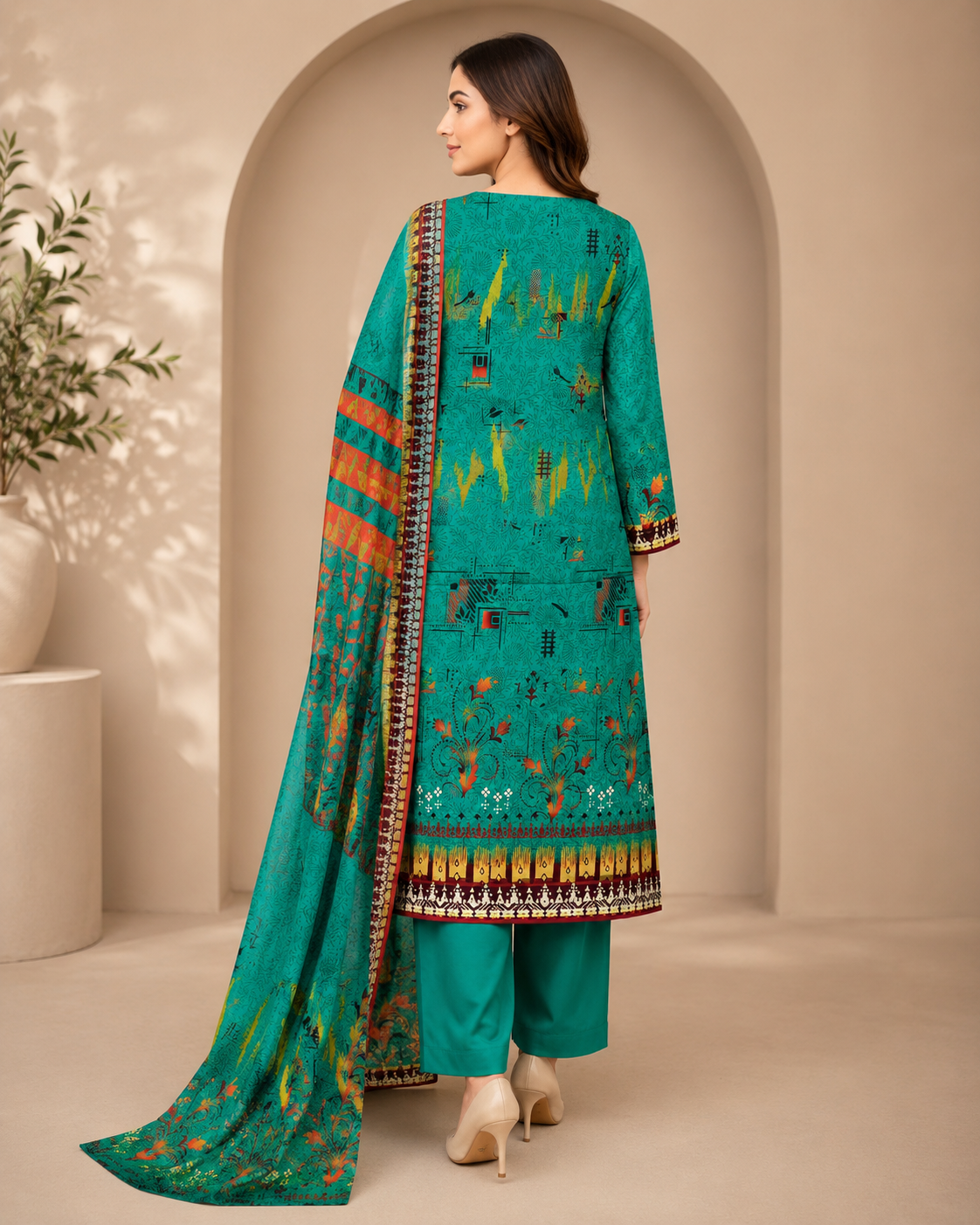 Teal Green Printed Unstitched 3-Piece Suit