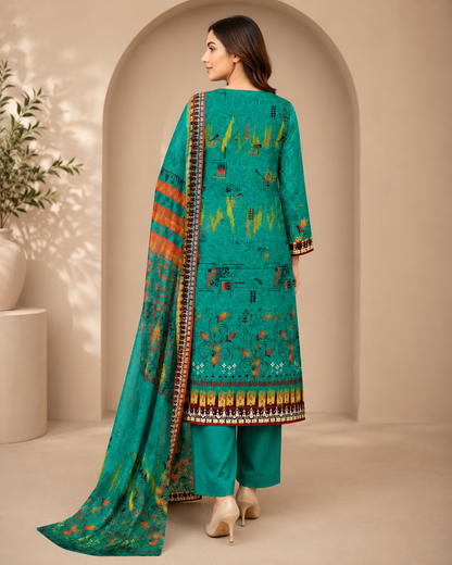 Teal Green Printed Unstitched 3-Piece Suit