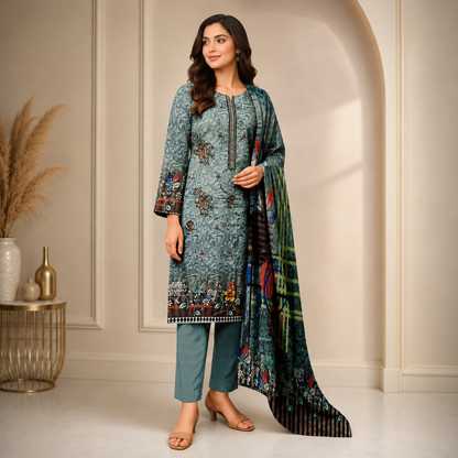 Slate Blue Printed Unstitched 3-Piece Suit