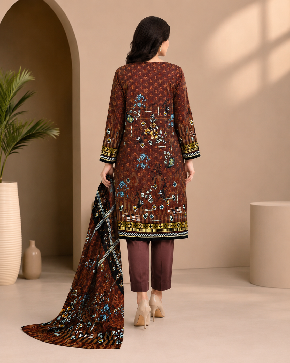 Brown Printed Unstitched 3-Piece Suit