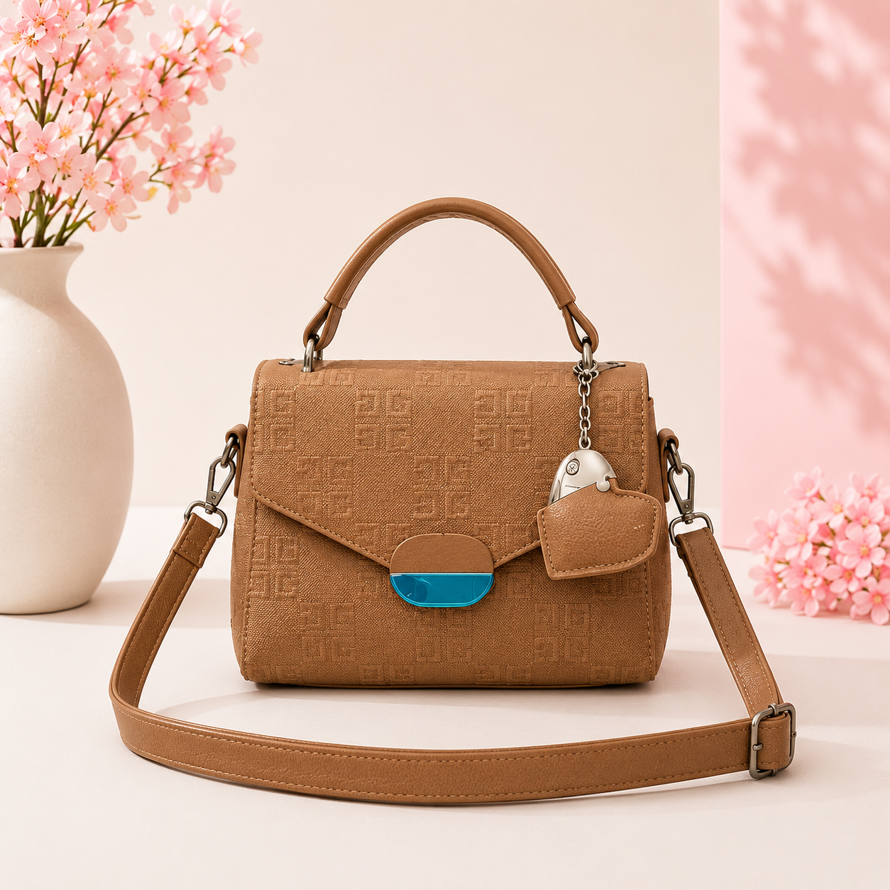 Elegant Textured Satchel with Heart Charm - Classic Brown