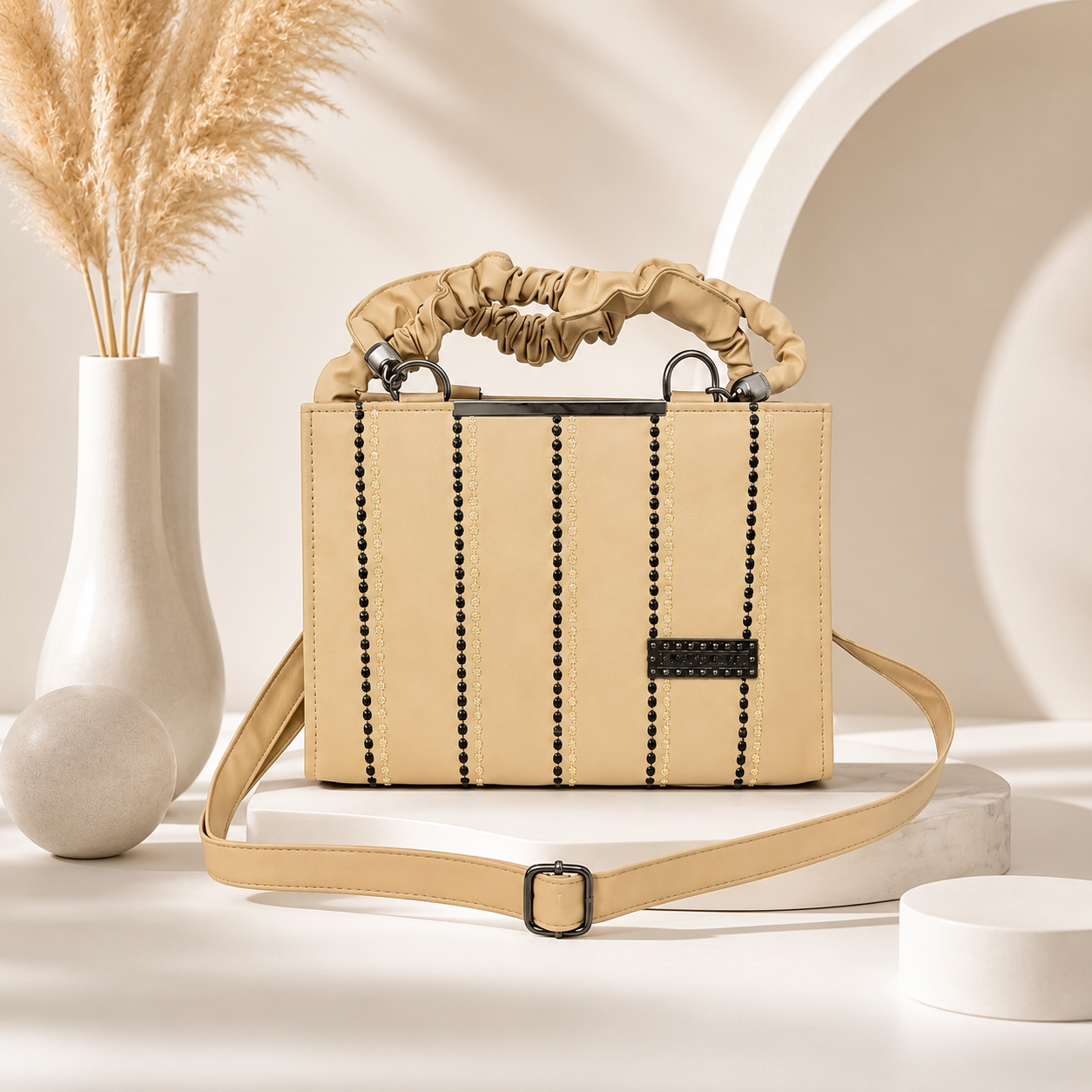 Elegant Structured Box Bag with Ruffled Handle & Beaded Details - Beige